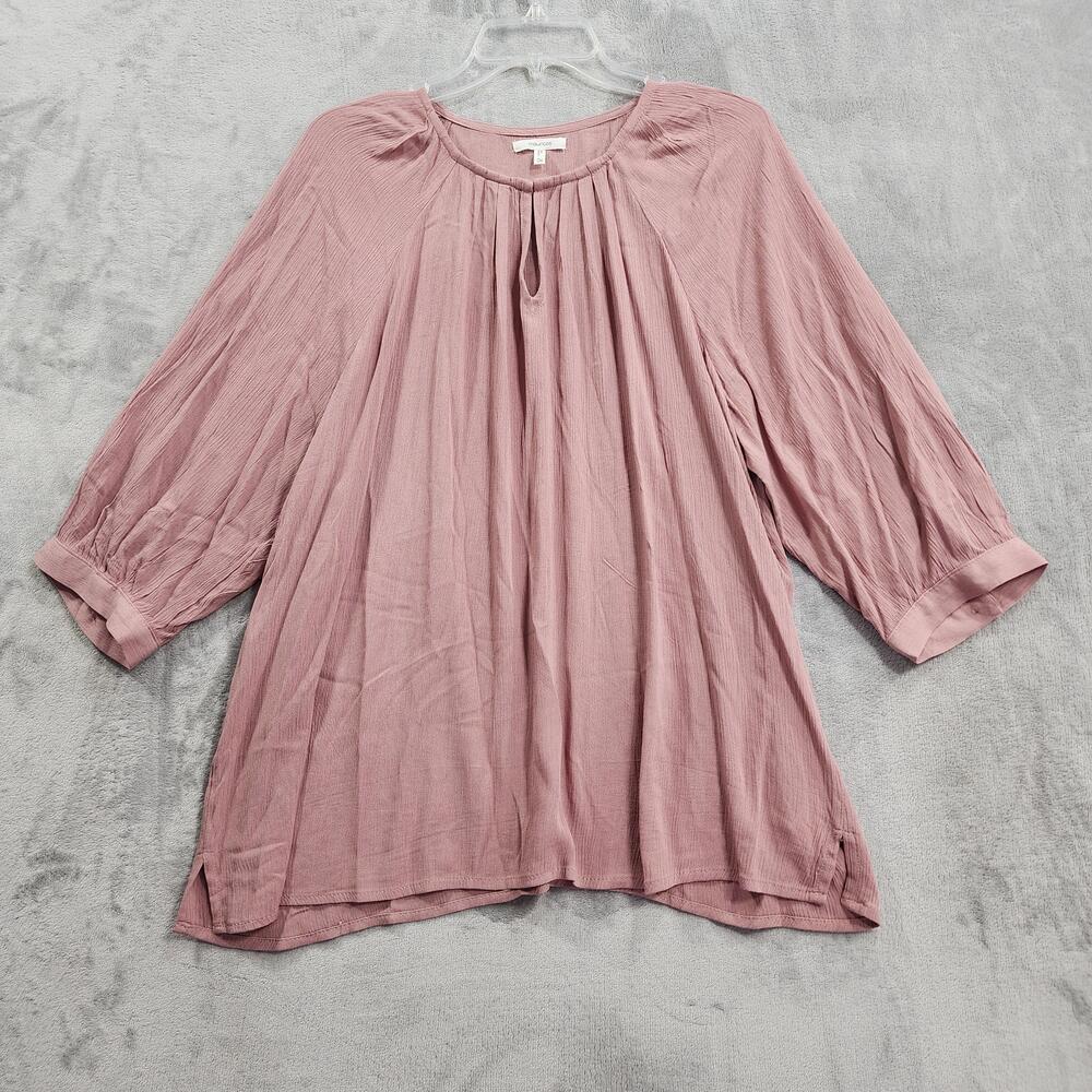 Maurices Top Womens 0X Pink Rayon Pleated 3/4 Puff Sleeve Keyhole Tunic Blouse